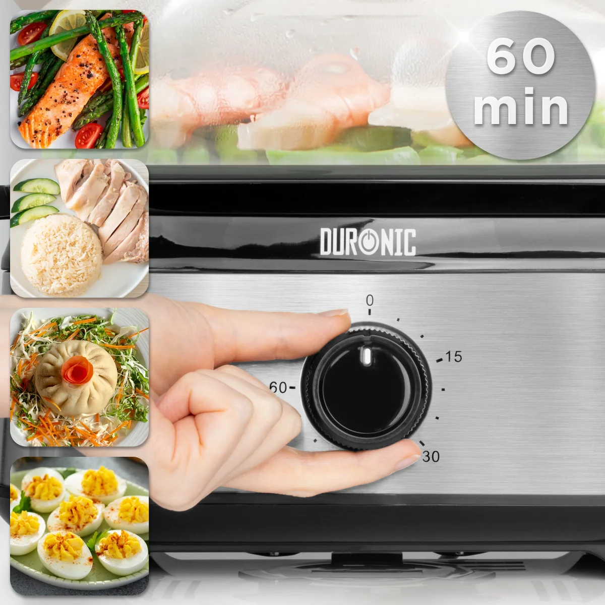 Duronic FS91 BK Black Electric Food Steamer, 3L Steam Cooker with Rice Bowl & 60-Min Timer, 950W BPA-Free Countertop Vegetable Steamer for Fish, Meat, Rice, Eggs, Dumplings, Momos & Baby Food - Image 4