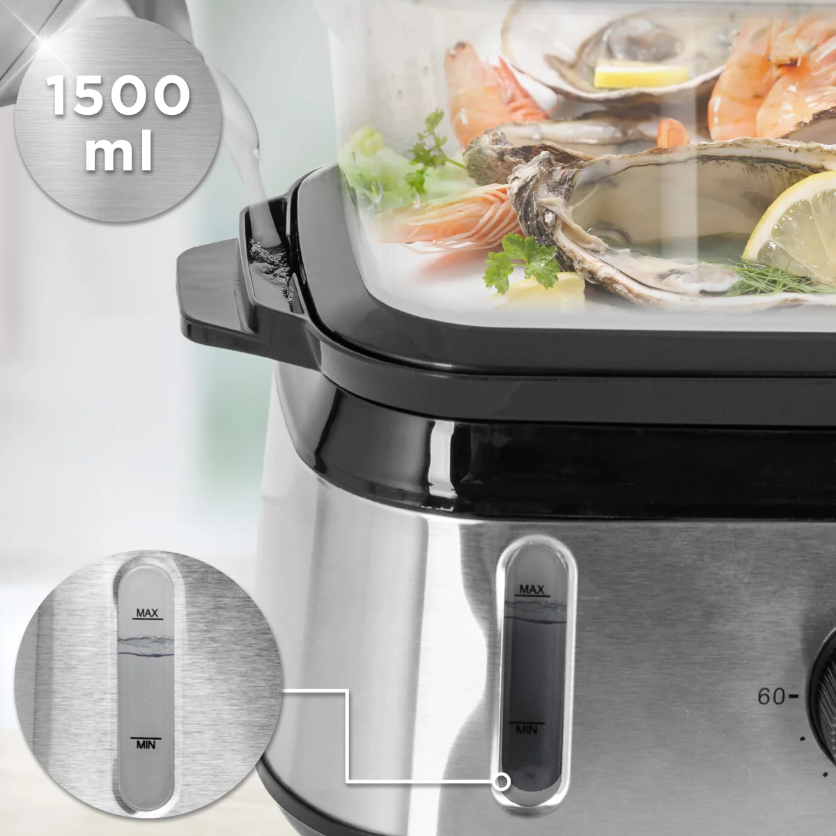 Duronic FS91 BK Black Electric Food Steamer, 3L Steam Cooker with Rice Bowl & 60-Min Timer, 950W BPA-Free Countertop Vegetable Steamer for Fish, Meat, Rice, Eggs, Dumplings, Momos & Baby Food - Image 8
