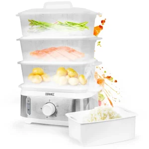 Duronic FS95 WE White Electric Food Steamer, 3-Tier 9L Steam Cooker with Rice Bowl & 60-Min Timer, 950W BPA-Free Countertop Vegetable Steamer for Fish, Meat, Rice, Eggs, Dumplings, Momos & Baby Food