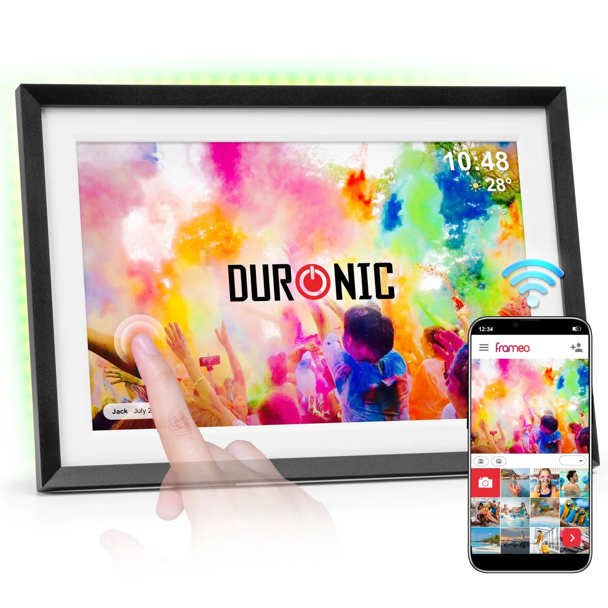 Duronic Digital Photo Frame PF2A BK Frameo 10.1” Electronic Photo Album 800x1200 WiFi Photoframe with Phone App Touchscreen Video Player Black Picture Frame for Birthday Engagement Gifts Family